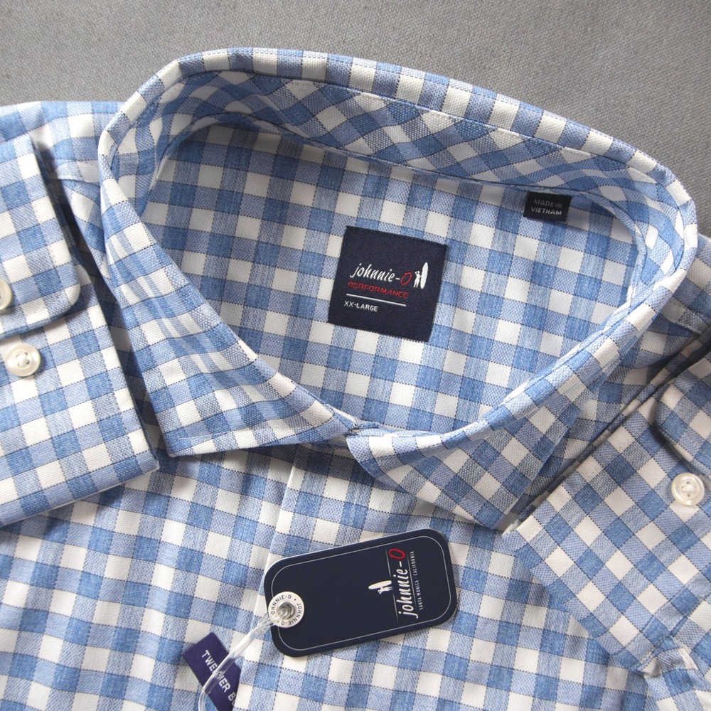 Johnnie-O Ashworth Gingham Performance Tweener Men Shirt XXL Blue Office
